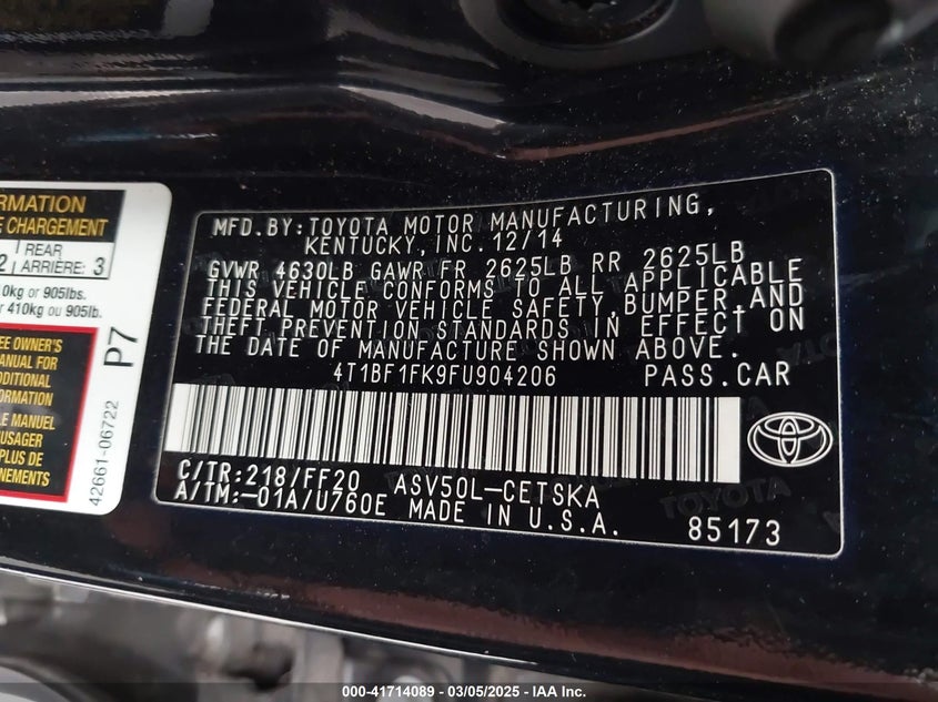 2015 TOYOTA CAMRY VIN: 4T1BF1FK9FU904206