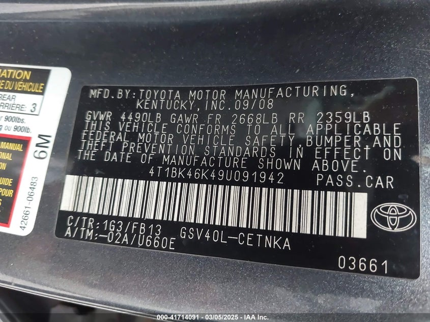 2009 TOYOTA CAMRY VIN: 4T1BK46K49U091942