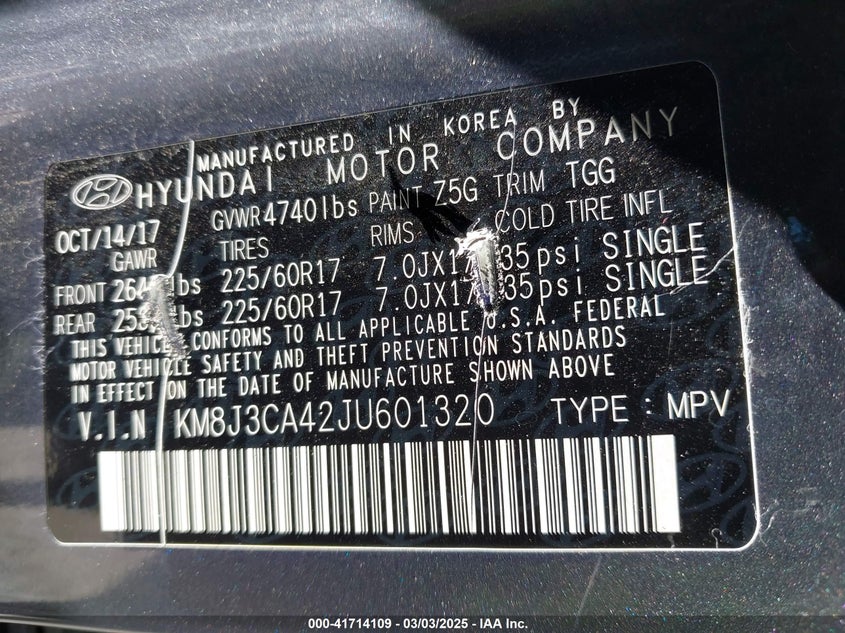 2018 HYUNDAI TUCSON VIN: KM8J3CA42JU601320