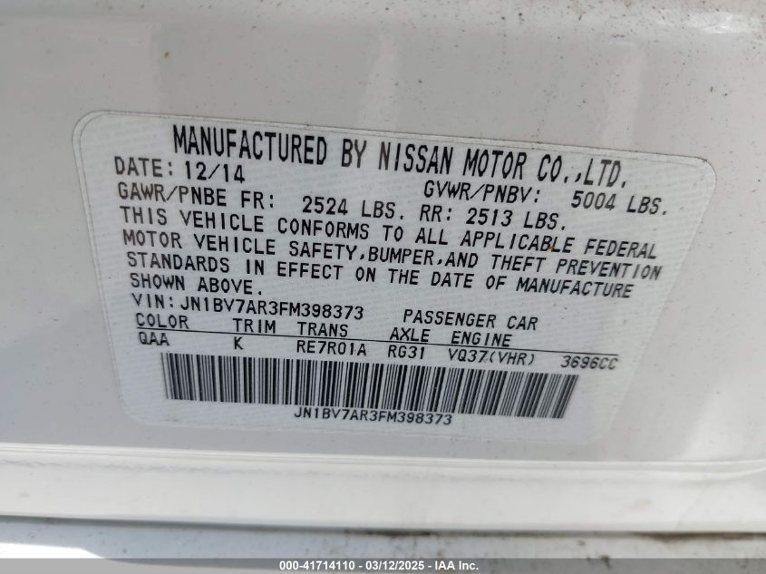 2015 Infiniti Q50 Sport VIN: JN1BV7AR3FM39373 Lot: 41714110