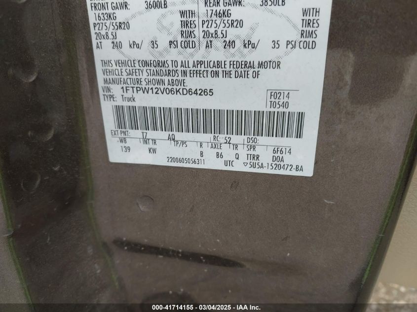 2006 Ford F-150 Lariat/Xlt VIN: 1FTPW12V06KD64265 Lot: 41714155