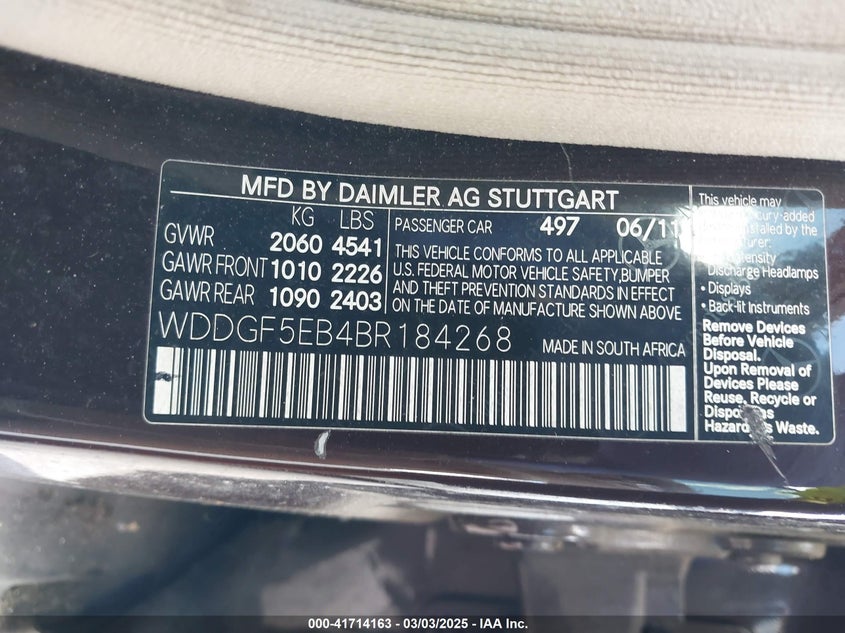 2011 MERCEDES-BENZ C 300 VIN: WDDGF5EB4BR184268