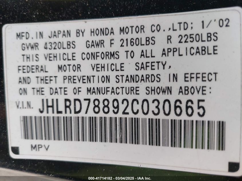 2002 Honda Cr-V Ex VIN: JHLRD78892C030665 Lot: 41714182