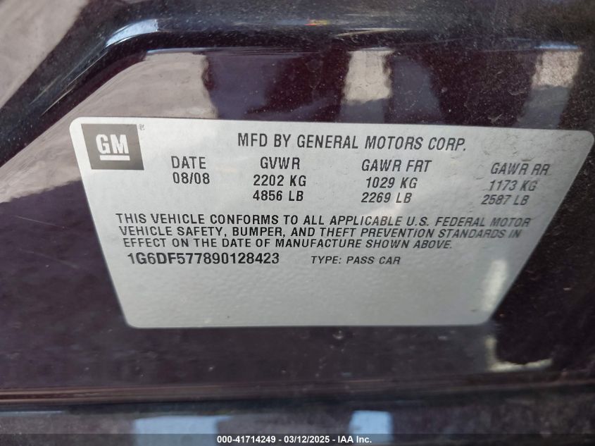 2009 Cadillac Cts Standard VIN: 1G6DF57789012842 Lot: 41714249