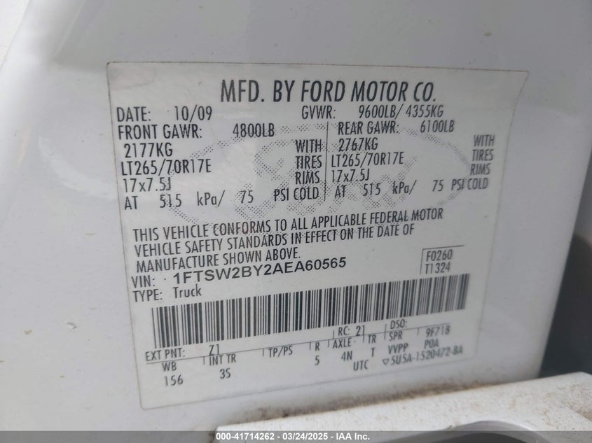 2010 FORD F-250 VIN: 1FTSW2BY2AEA60565