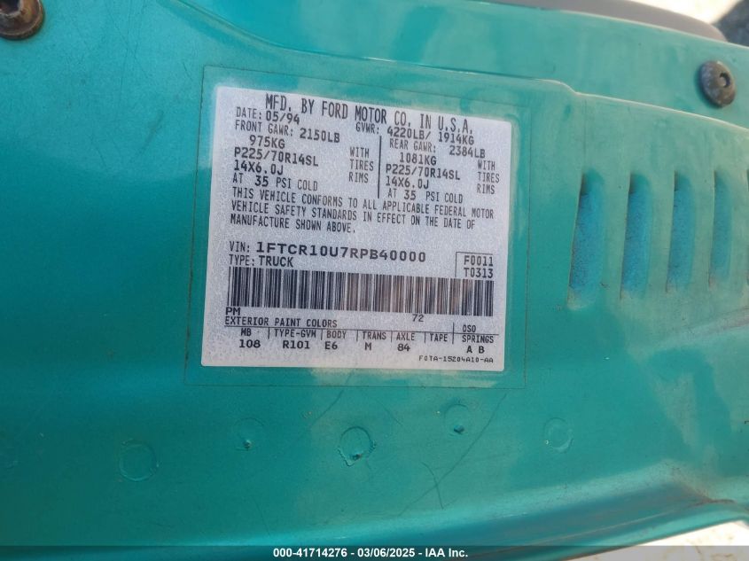 1994 Ford Ranger VIN: 1FTCR10U7RPB40000 Lot: 41714276