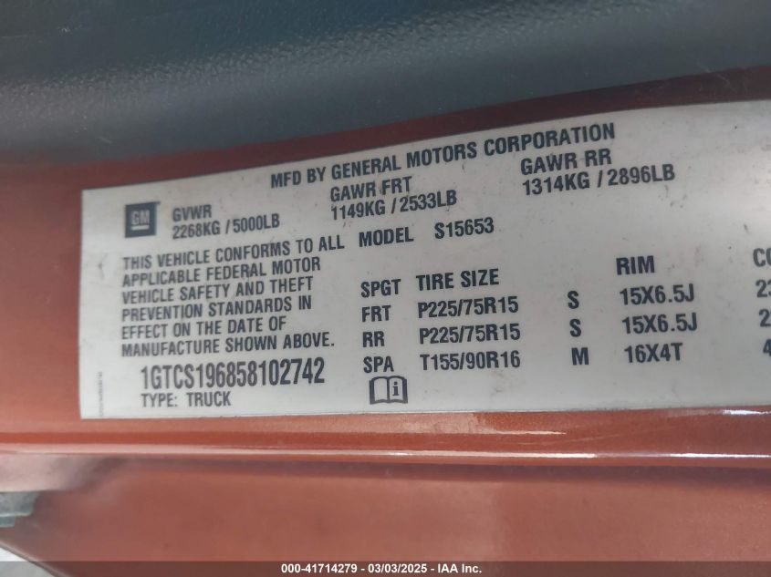 2005 GMC Canyon Sle VIN: 1GTCS196858102742 Lot: 41714279