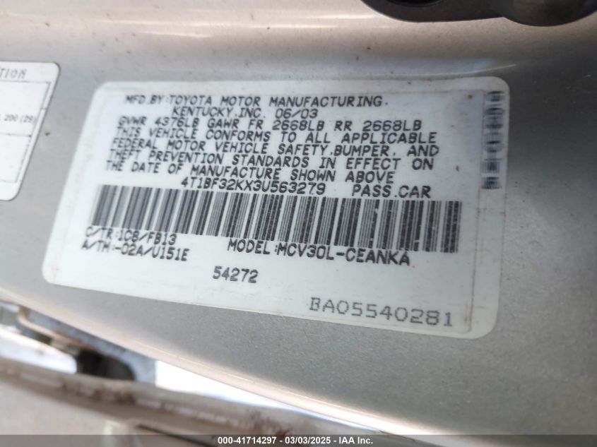 2003 Toyota Camry Le V6 VIN: 4T1BF32KX3U563279 Lot: 41714297