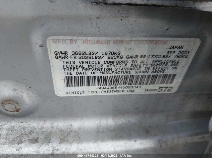 2004 Mitsubishi Lancer Ls VIN: JA3AJ36E44U020649 Lot: 41714325