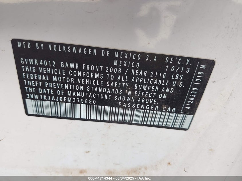 2014 VOLKSWAGEN JETTA VIN: 3VW1K7AJ0EM379890