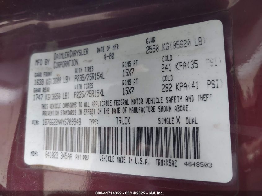 2000 Dodge Dakota Slt/Sport VIN: 1B7GG22N4YS709948 Lot: 41714352