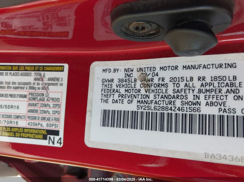 2004 Pontiac Vibe VIN: 5Y2SL62884Z461566 Lot: 41714399