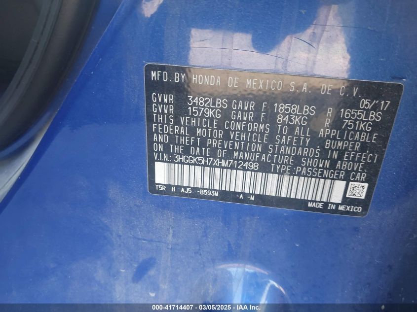 2017 Honda Fit Ex VIN: 3HGGK5H7XHM712498 Lot: 41714407