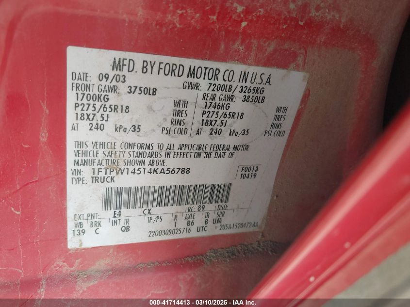 2004 Ford F-150 Fx4/Lariat/Xlt VIN: 1FTPW14514KA56788 Lot: 41714413