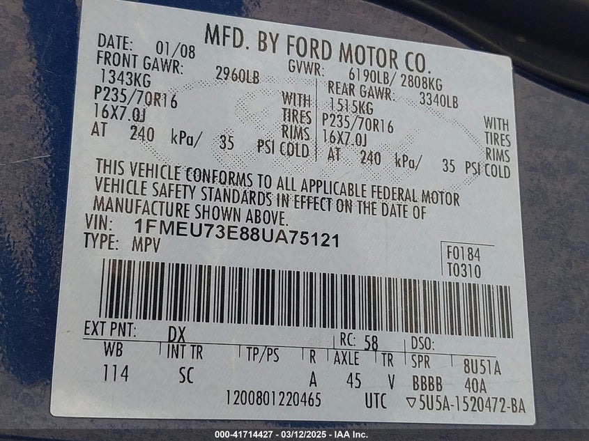 2008 Ford Explorer Xlt VIN: 1FMEU73E88UA75121 Lot: 41714427