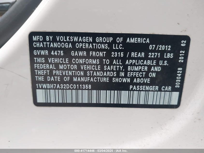 2013 VOLKSWAGEN PASSAT VIN: 1VWBH7A32DC011358