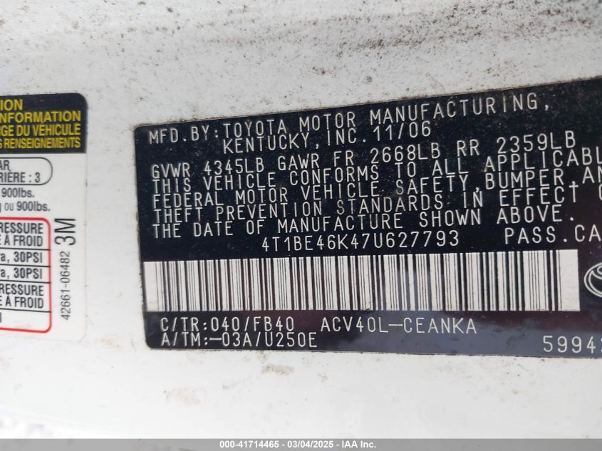 2007 Toyota Camry Le VIN: 4T1BE46K47U627793 Lot: 41714465