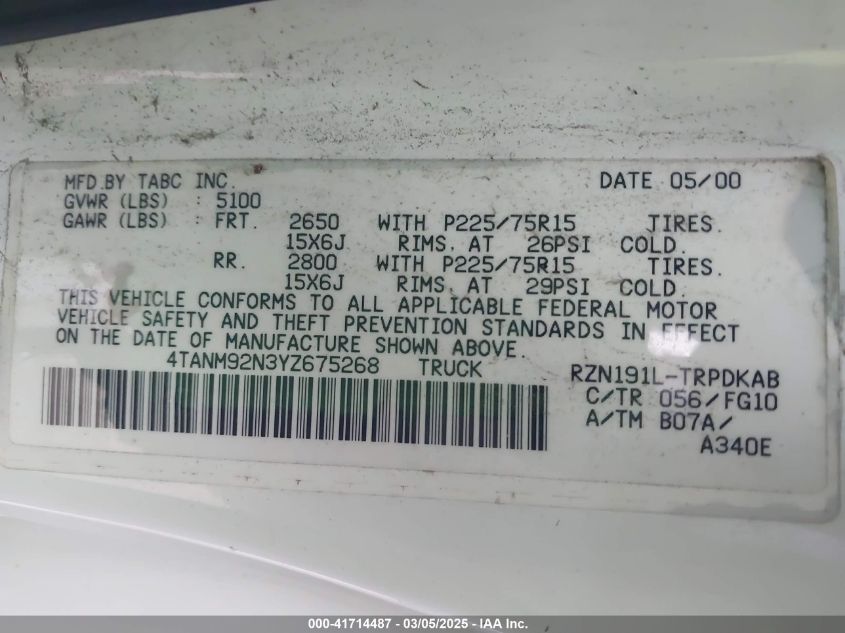 2000 Toyota Tacoma Prerunner VIN: 4TANM92N3YZ675268 Lot: 41714487