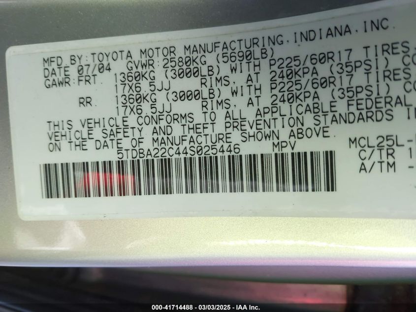 2004 Toyota Sienna Xle VIN: 5TDBA22C44S025446 Lot: 41714488