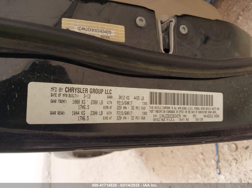 2012 Jeep Compass Latitude VIN: 1C4NJCEB3CD634270 Lot: 41714528