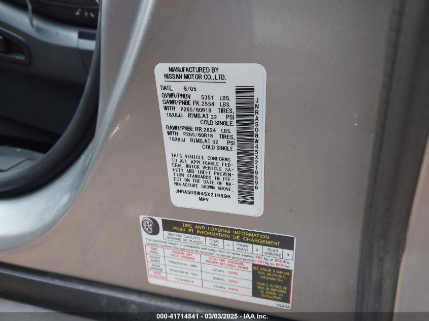 2005 Infiniti Fx35 VIN: JNRAS08W45X219596 Lot: 41714541