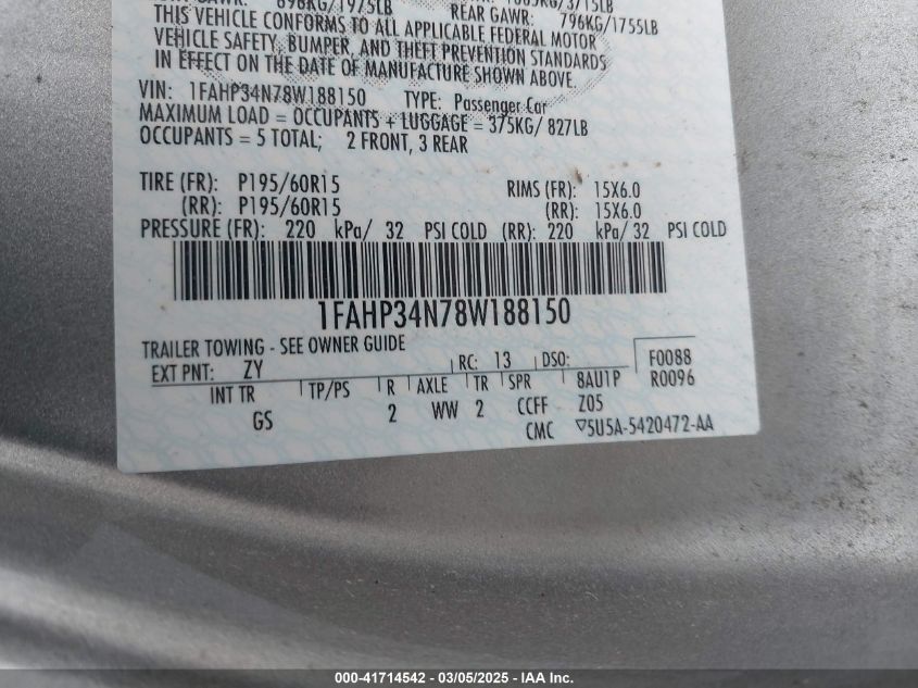 2008 Ford Focus S VIN: 1FAHP34N78W188150 Lot: 41714542