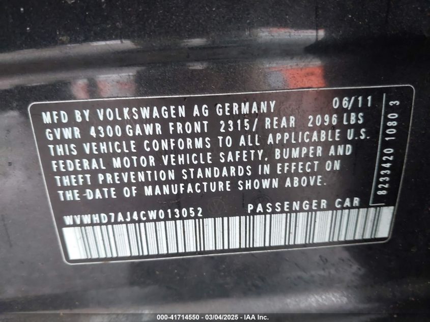 2012 Volkswagen Gti 4-Door VIN: WVWHD7AJ4CW013052 Lot: 41714550