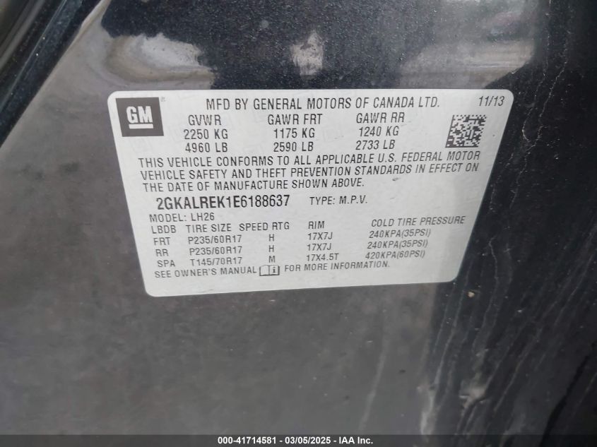 2014 GMC Terrain Sle-2 VIN: 2GKALREK1E6188637 Lot: 41714581