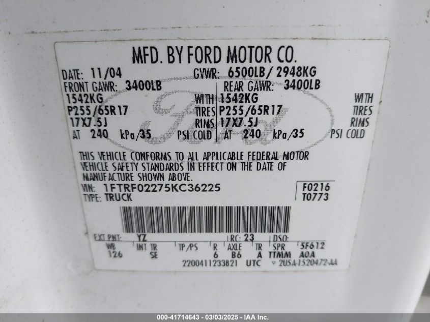 2005 Ford F-150 Stx/Xlt VIN: 1FTRF02275KC36225 Lot: 41714643