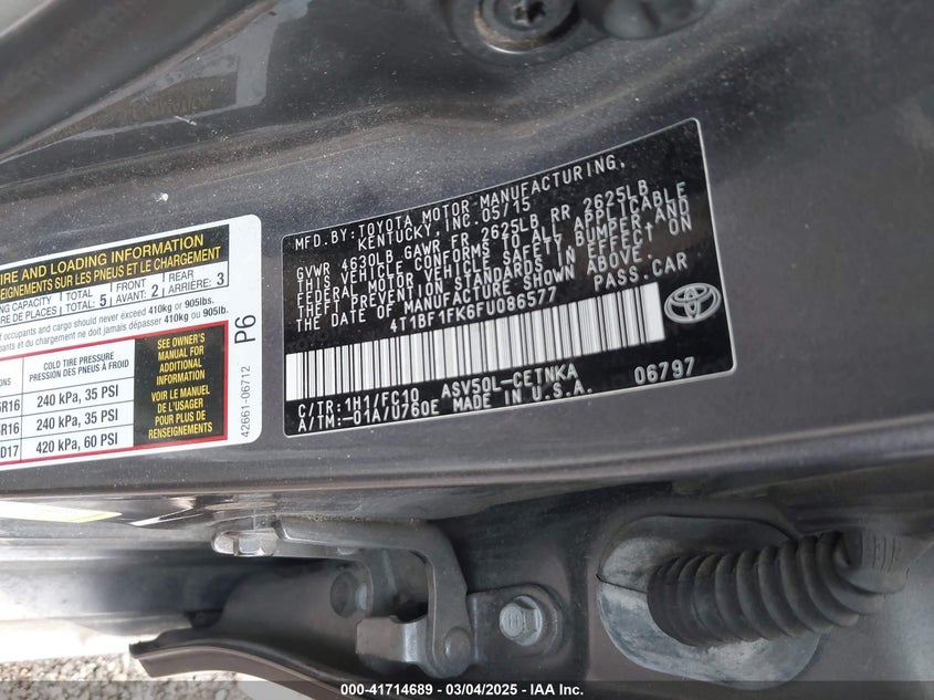 2015 TOYOTA CAMRY VIN: 4T1BF1FK6FU086577