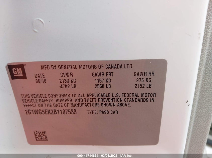 2011 CHEVROLET IMPALA VIN: 2G1WG5EK2B1107533