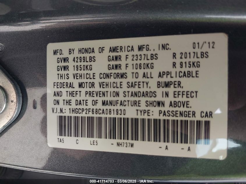 2012 Honda Accord 2.4 Se VIN: 1HGCP2F68CA081930 Lot: 41714703