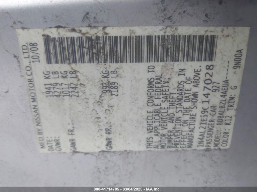 2009 Nissan Altima VIN: 1NAL21E59C147028 Lot: 41714705