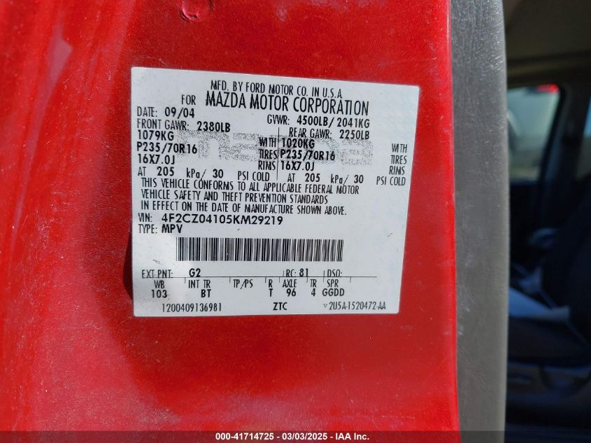 2005 Mazda Tribute S VIN: 4F2CZ04105KM29219 Lot: 41714725