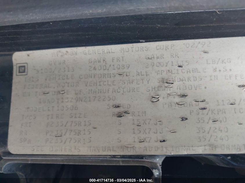 1992 Chevrolet Blazer S10 VIN: 1GNDT13Z9N2172250 Lot: 41714735