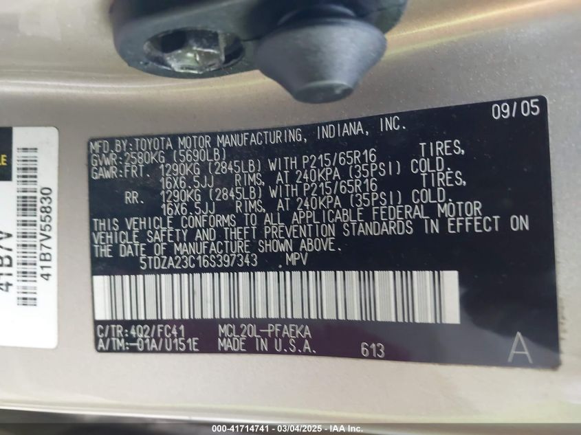 2006 Toyota Sienna Le VIN: 5TDZA23C16S397343 Lot: 41714741