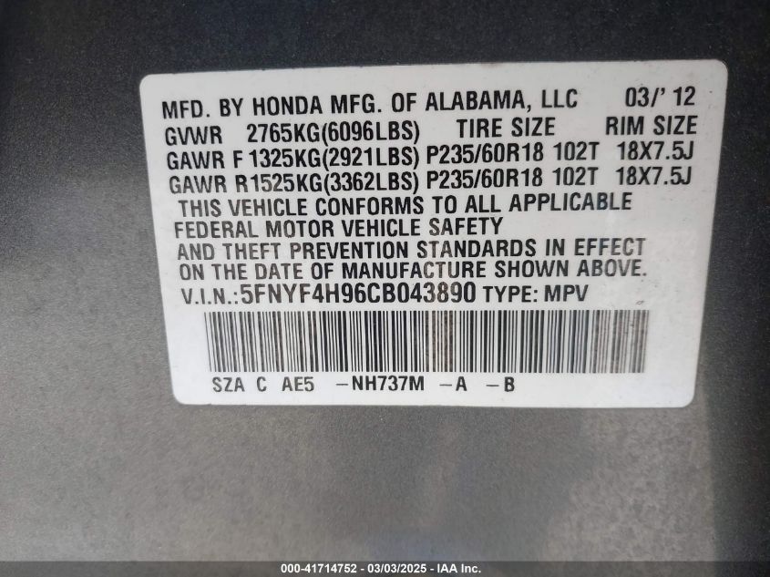 2012 Honda Pilot Touring VIN: 5FNYF4H96CB043890 Lot: 41714752