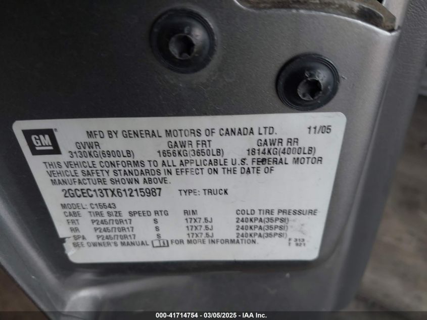 2006 Chevrolet Silverado 1500 Lt1 VIN: 2GCEC13TX61215987 Lot: 41714754