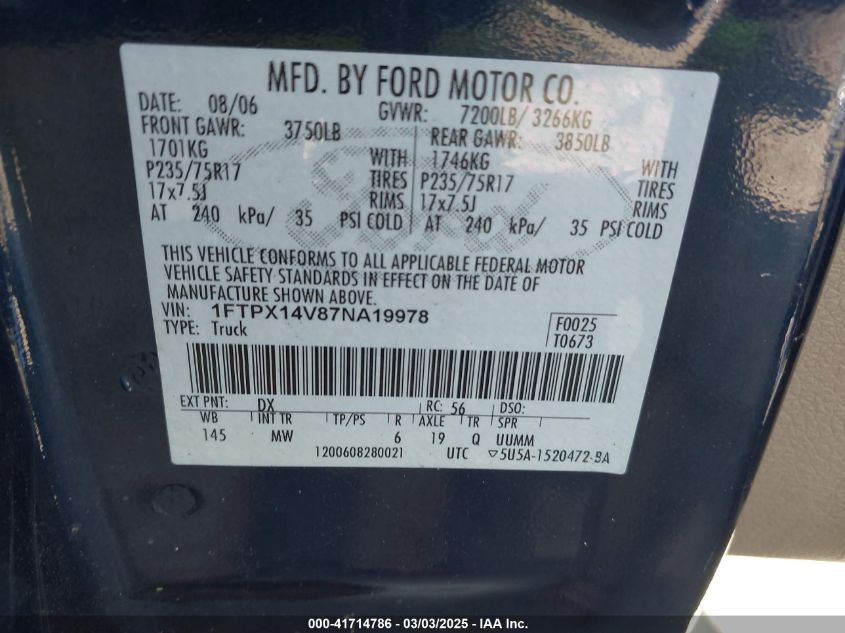 2007 Ford F-150 Fx4/Lariat/Xl/Xlt VIN: 1FTPX14V87NA19978 Lot: 41714786