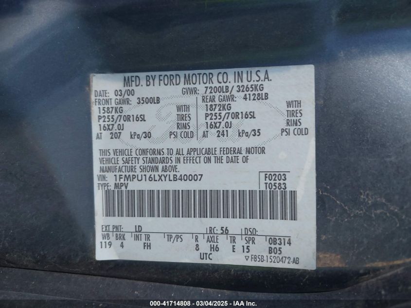 2000 Ford Expedition Xlt VIN: 1FMPU16LXYLB40007 Lot: 41714808