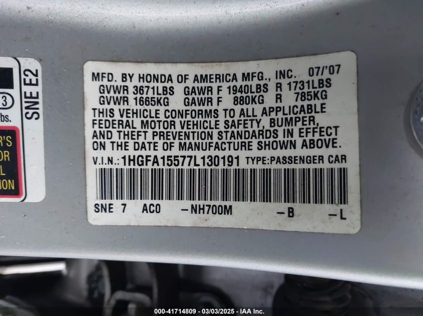 2007 Honda Civic Lx VIN: 1HGFA15577L130191 Lot: 41714809
