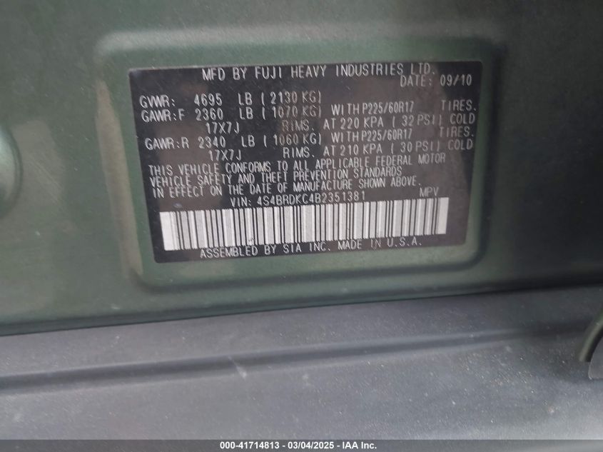 2011 Subaru Outback 3.6R Limited VIN: 4S4BRDKC4B2351381 Lot: 41714813