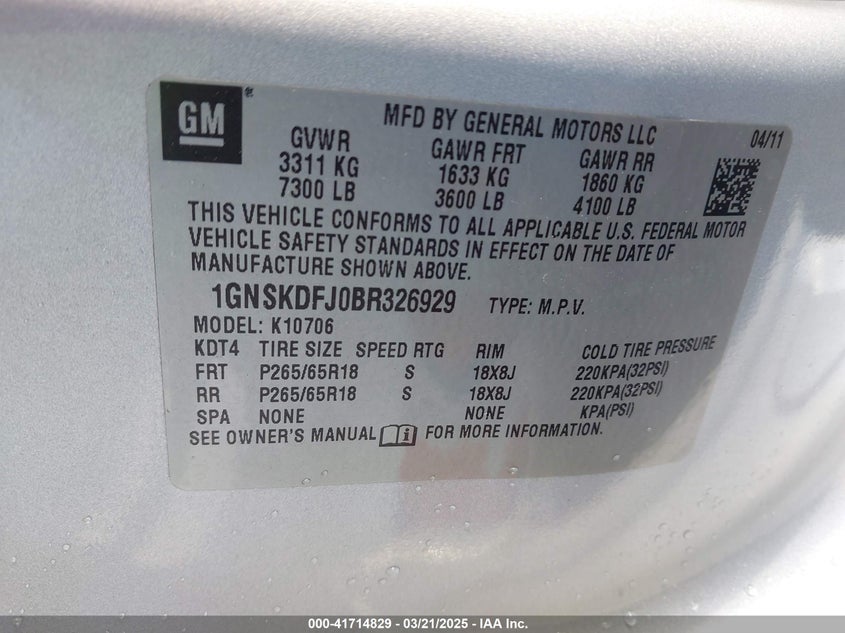 2011 CHEVROLET TAHOE HYBRID VIN: 1GNSKDFJ0BR326929