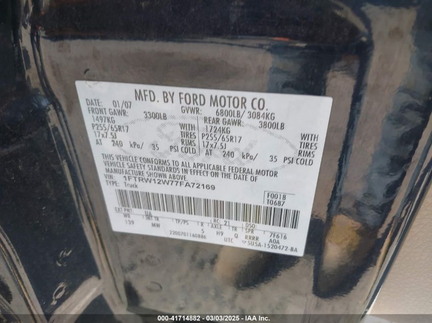 2007 Ford F-150 Xlt VIN: 1FTRW12W77FA72169 Lot: 41714882