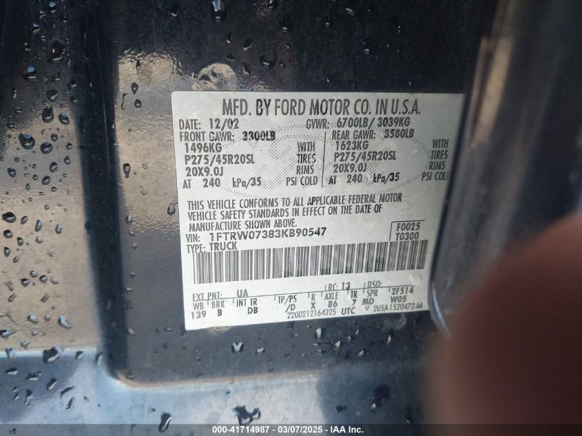 2003 Ford F-150 Lariat VIN: 1FTRW07383KB90547 Lot: 41714987