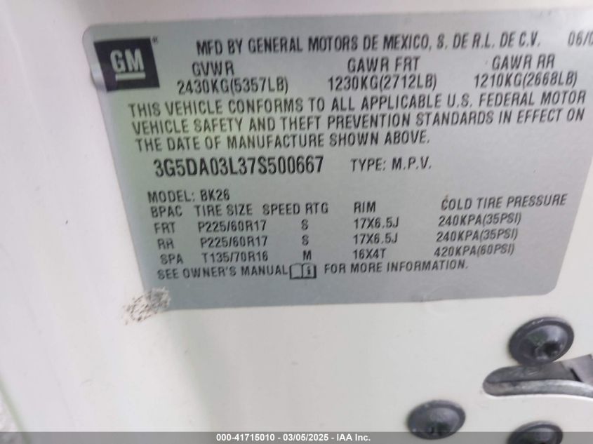 2007 Buick Rendezvous Cxl VIN: 3G5DA03L37S500667 Lot: 41715010