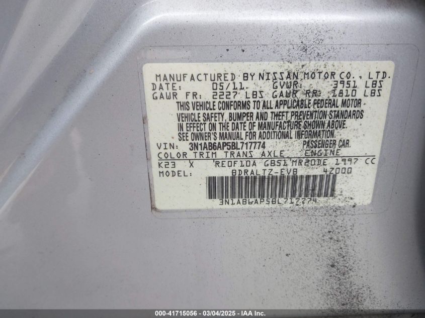 2011 Nissan Sentra 2.0Sr VIN: 3N1AB6AP5BL717774 Lot: 41715056