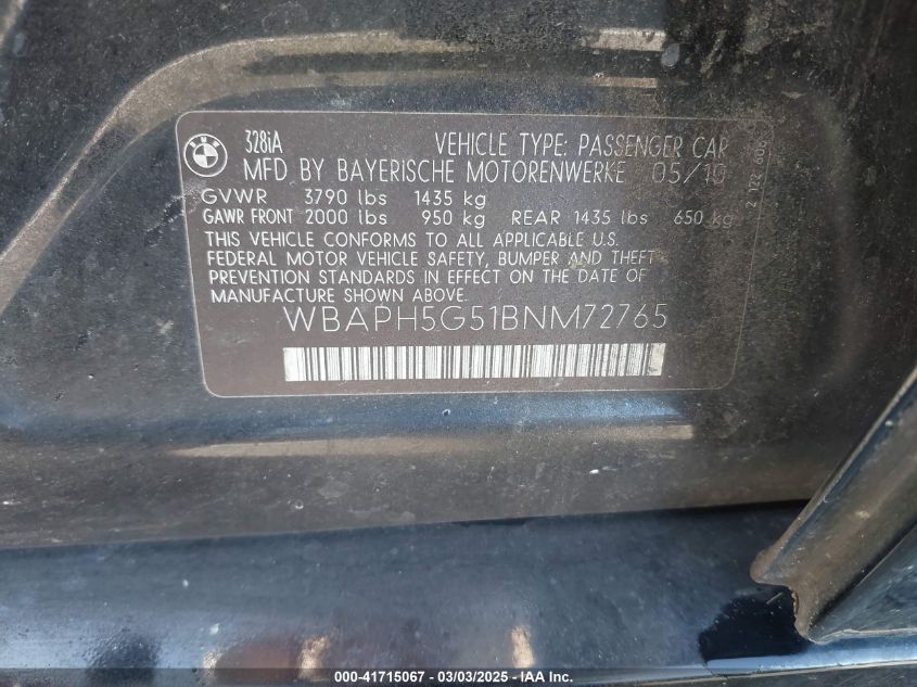 2011 BMW 328I VIN: WBAPH5G51BNM72765 Lot: 41715067