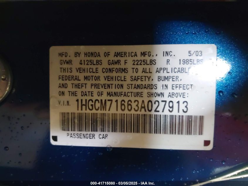2003 Honda Accord 2.4 Ex VIN: 1HGCM71663A027913 Lot: 41715080
