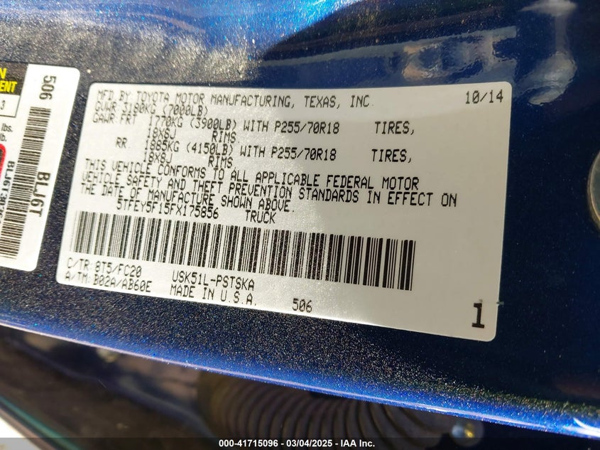 2015 TOYOTA TUNDRA VIN: 5TFEY5F15FX175856